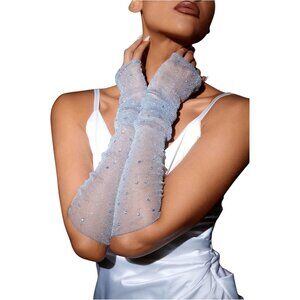 Women's Rhinestone Gray Fingerless Sparkly Mesh Sheer Arm Sleeves Gloves
